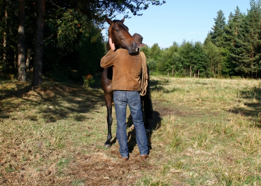 Person standing next to a horse in a field with trees in the background. HayDrop user.